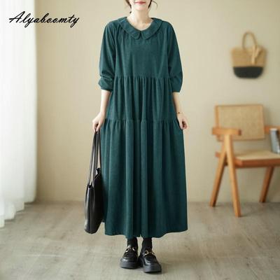 Plus Size Herfst Lente Vrouwen Oversized Jurk Peter Pan Kraag Zwart Groen Koffie Casual Losse Jurk Vintage Lange Mouw Corduroy Jurk