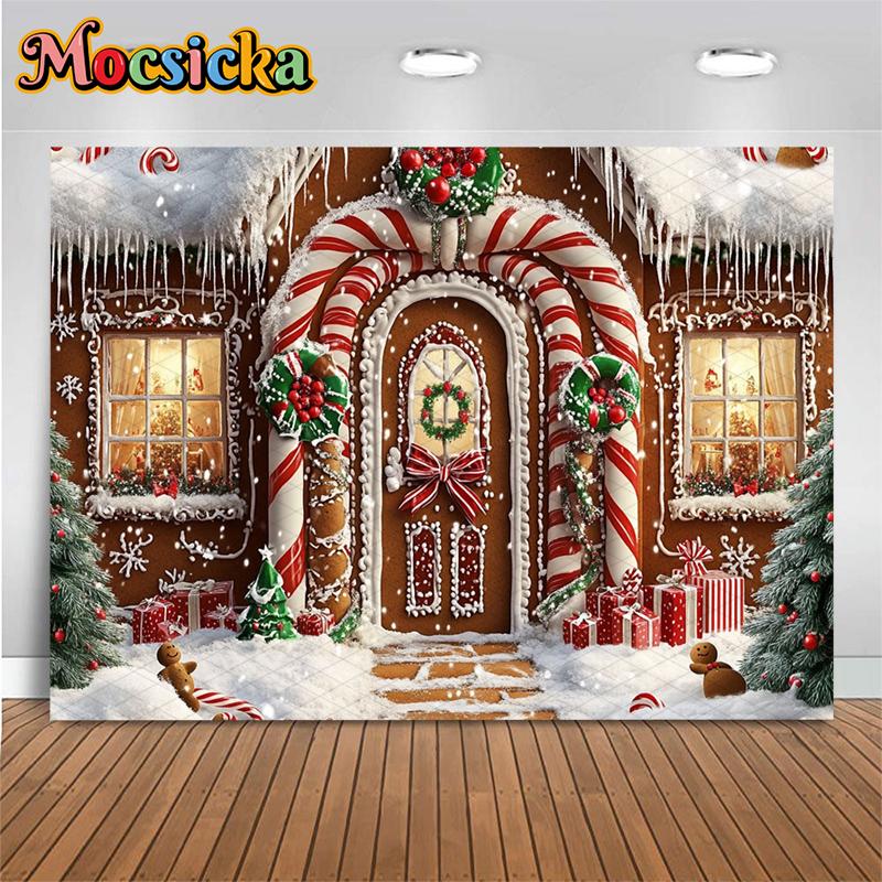 Mocsicka Christmas Candy House Background For Photography Gifts Tree Backdrops Red Bow Wreath Party Decorations Banner Photocall