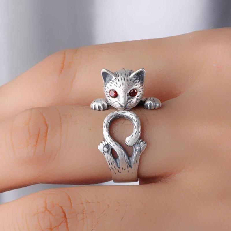 Cute Lovely Animal Cat Open Ring Silver Plated Jewelry Blue Crystal Eyes