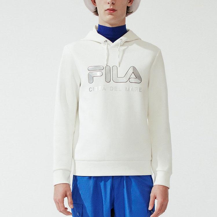 Fila Logo Print Casual Hooded Pullover Knit Sweatshirt Men Tops Cloud-Mushroom White F11M018219F-WT