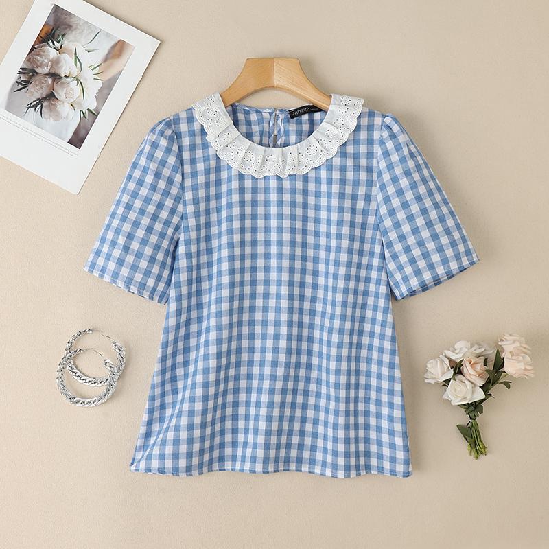 

ZANZEA Женская лоскутная блузка с круглым вырезом, повседневная, с коротким рукавом, с принтом в клетку S синий