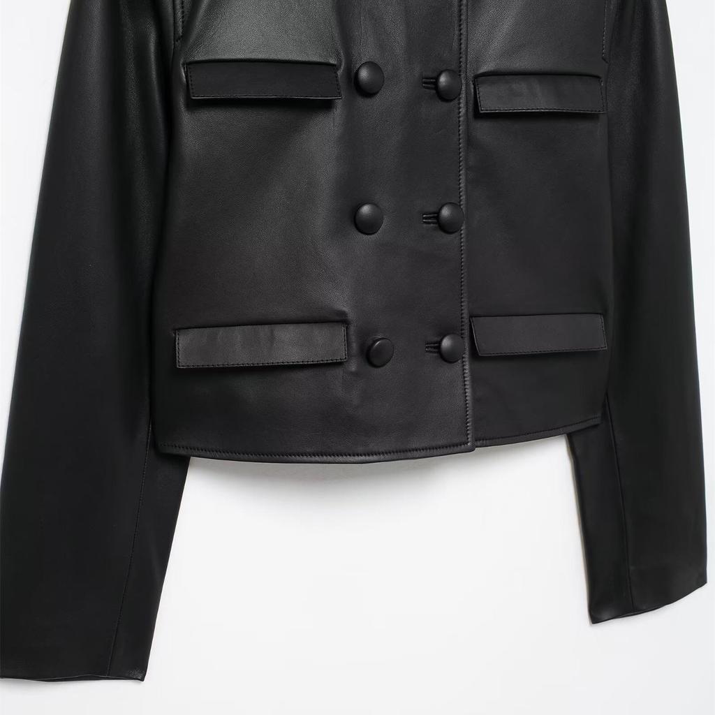 2025 Spring Women's Simple Round Neck Short Leather Jacket with Button Embellishments