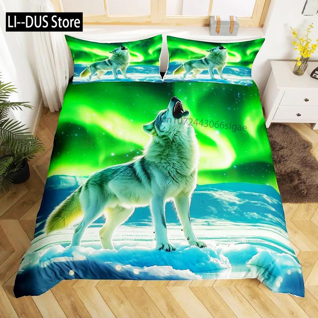 Wolf Bettbezug Einzelbett King Size, Heulende Wölfe Wildtier Bettwäsche Set Aurora Tiere Galaxie Druck Deckenbezug Für Kinder Jungen