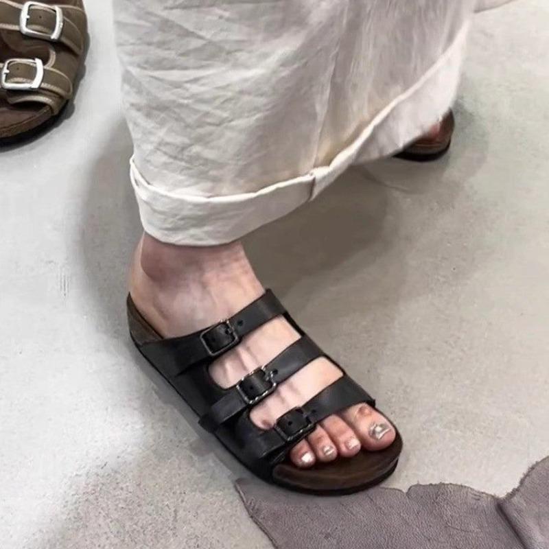 Fashion Retro Metal Belt Buckle Platform Slippers Women's Summer New Round Toe Open Toe Lazy Slip Outside Slippers