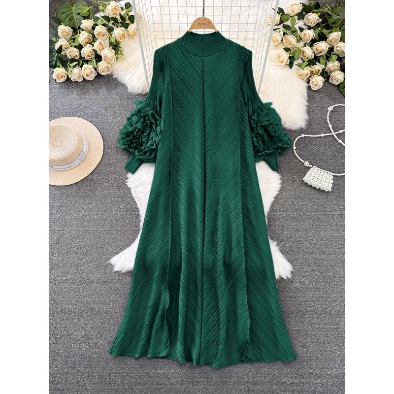 

Sanzhai Ruched Lantern Stand Collar A- line Elegance Dress Dark green All yards