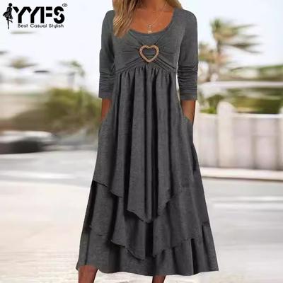 Women's Fashion Spring Fall Love Letter Print Long Sleeve O-Neck Loose Waistline Casual Dresses