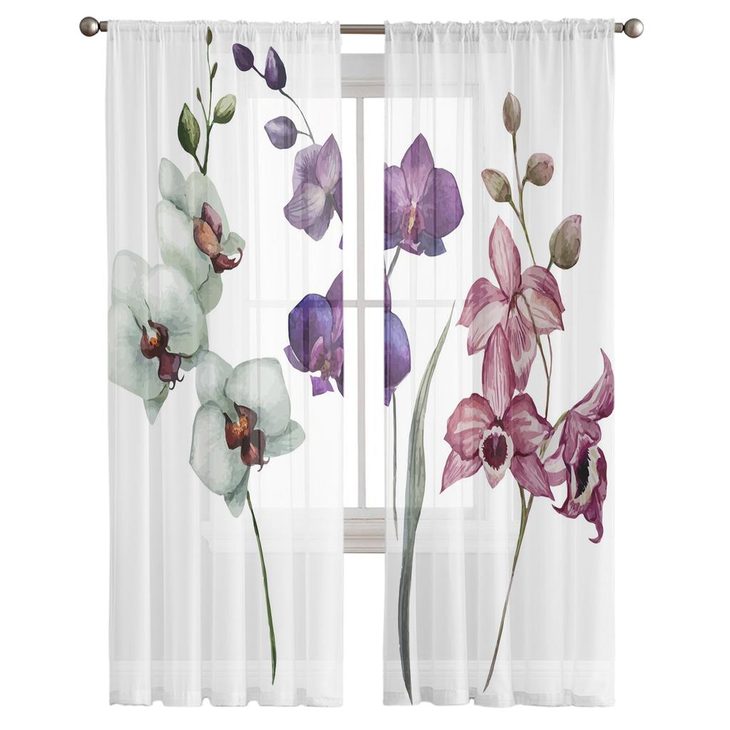Modern Sheer Curtains Flower Orchid Watercolor Living Room Kitchen Children's Room Decoration Household Chiffon Window Curtains