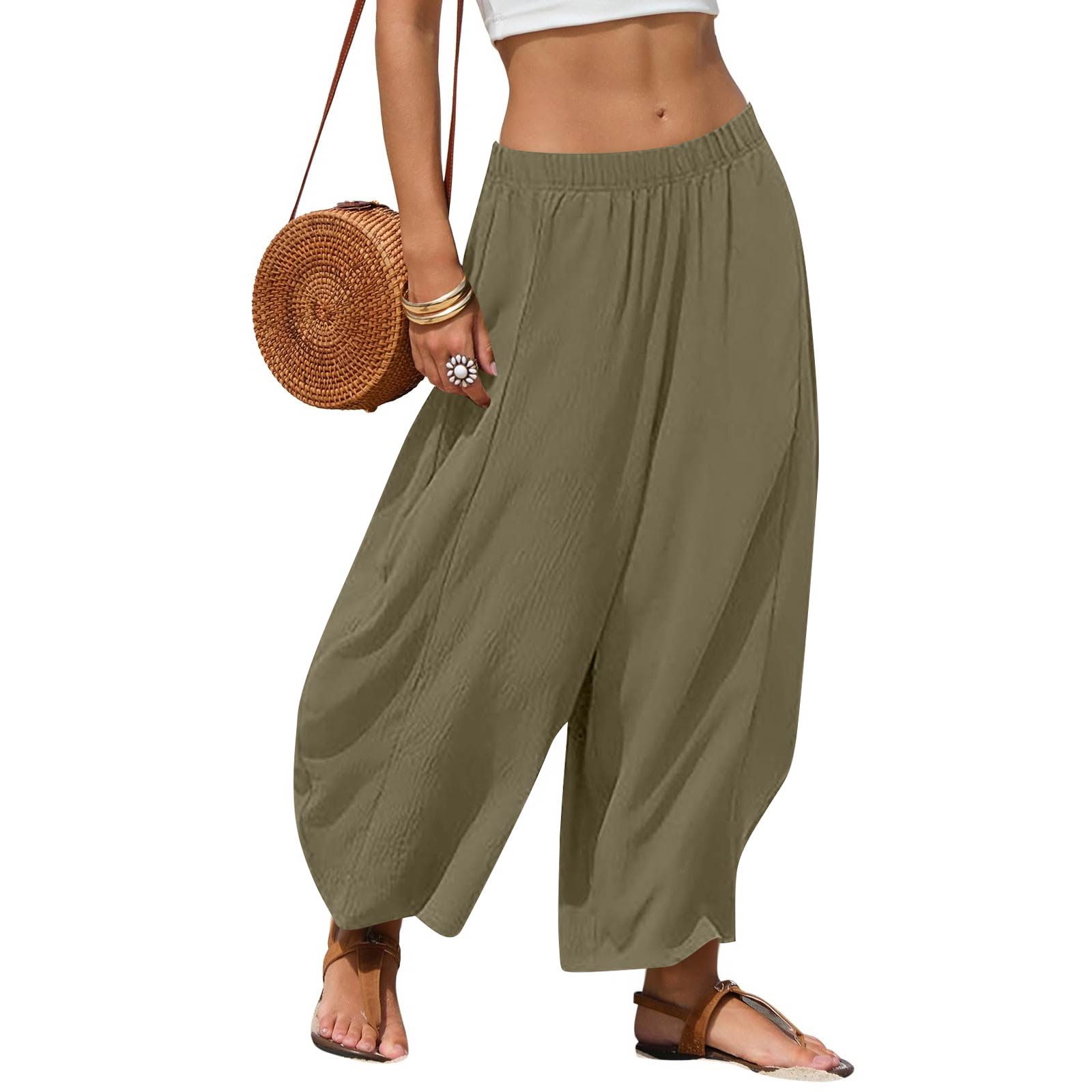 Women s Casual Patchwork Loose-Fit High-Waisted Wide-Leg Pants L