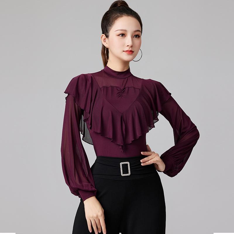 Women Summer Party Dress Latin Dance Flounce Practice Long Sleeve Performance