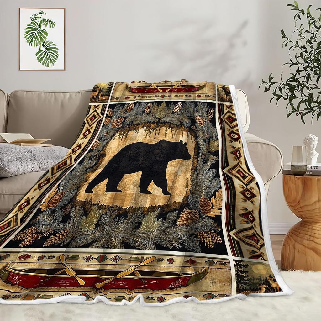 Rustic Throw Blankets, Brown Cabin Country Antique Bear Moose Forest Vintage Wood Cozy Warm Bed Couch Blanket, Farmfouse Loge Hu