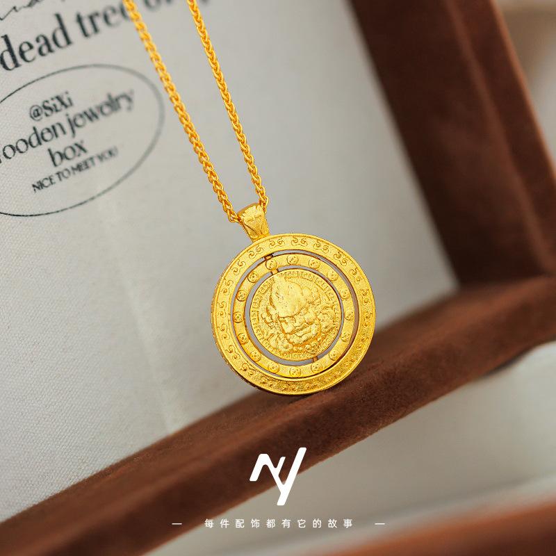 Luxury 24K 9999 Pure Gold real gold Women's Rotatable Three-Circle Yellow God of Wealth Pendant Rotatable Pendant Necklace