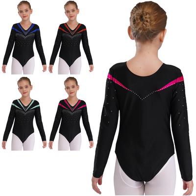Kids Girls Dance Training Leotard: Slim Fit Long Sleeve V-Neck with Shiny Rhinestones, Perfect for Ballet Practice & Competition
