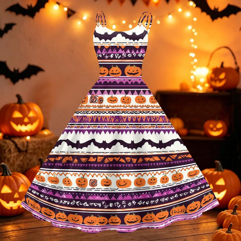 Women's Halloween Printed Off Shoulder Dress Vintage Punk Style Flared Midi Dress Spaghetti Strap Casual Party Dress