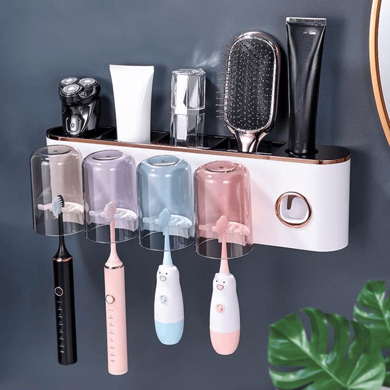 Punch-Free Wall-Mounted Toothbrush Holder with Cups & Dispenser
