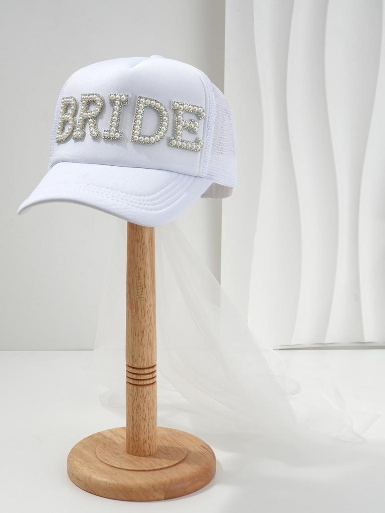 Unisex Casual Hat with Pearl Letters, Mesh & Bridal Veil for a Chic Engagement Party