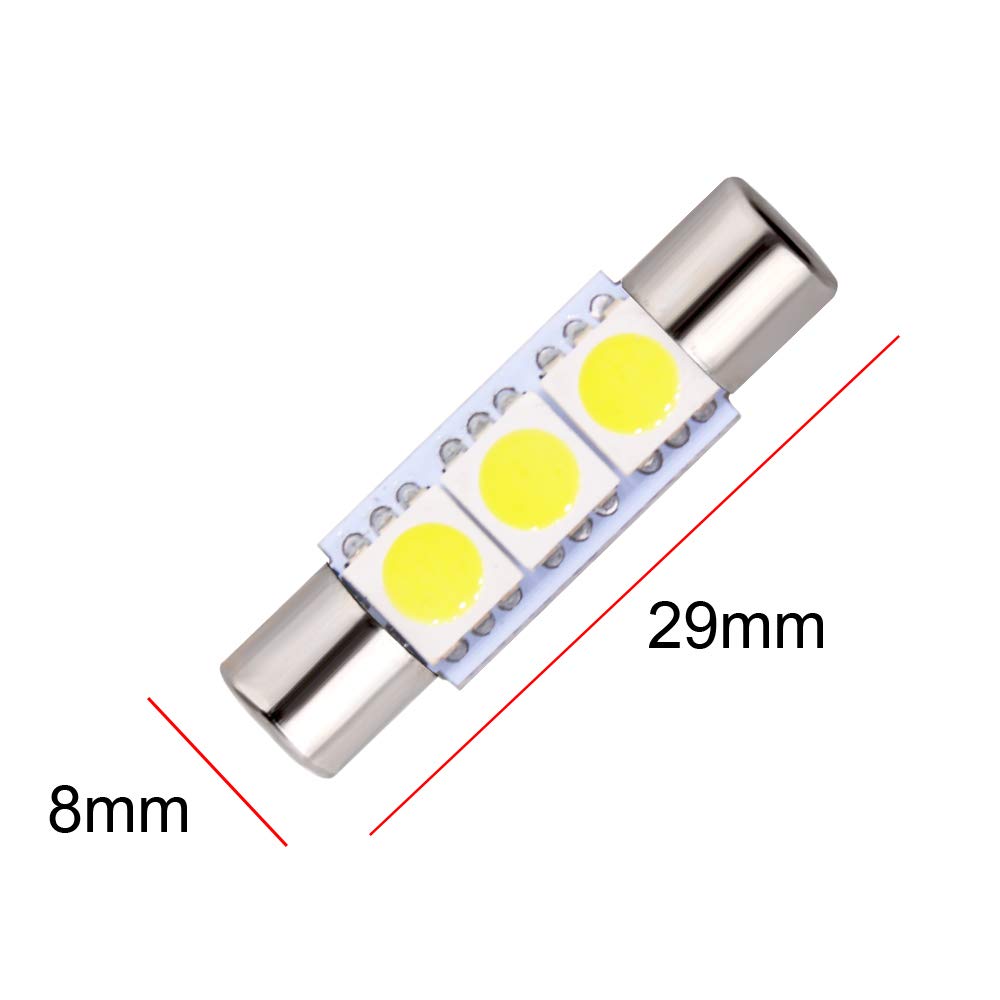 T6.3x28mm LED 3SMD 5050 Fits 28mm/29mm White/White Vanity Visor Room Lamp/Mirror Light/Reading Light/Dome Light,10pcs