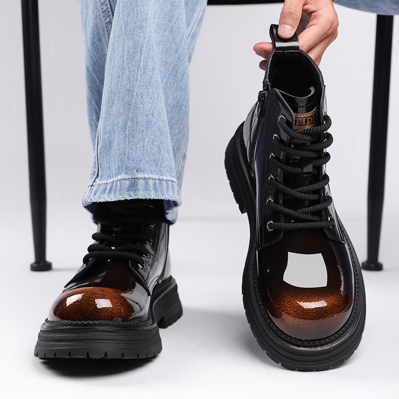 2025 Winter Men's High Top Martin Boots, Plus Velvet, Thick Sole, Retro Leather, Warm and Shiny Workwear Shoes