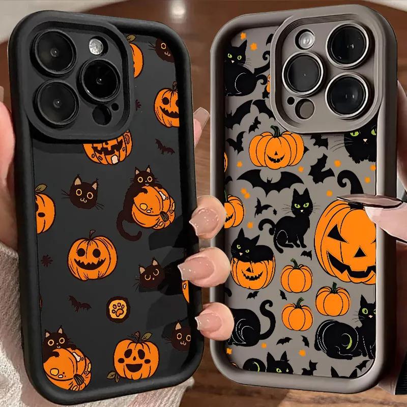 Halloween Cat Pumpkin Bat Silicone Soft TPU Phone Case for iPhone 16 Pro Max 15 Plus 14 13 12 11 17 Air 16E Shockproof Cover