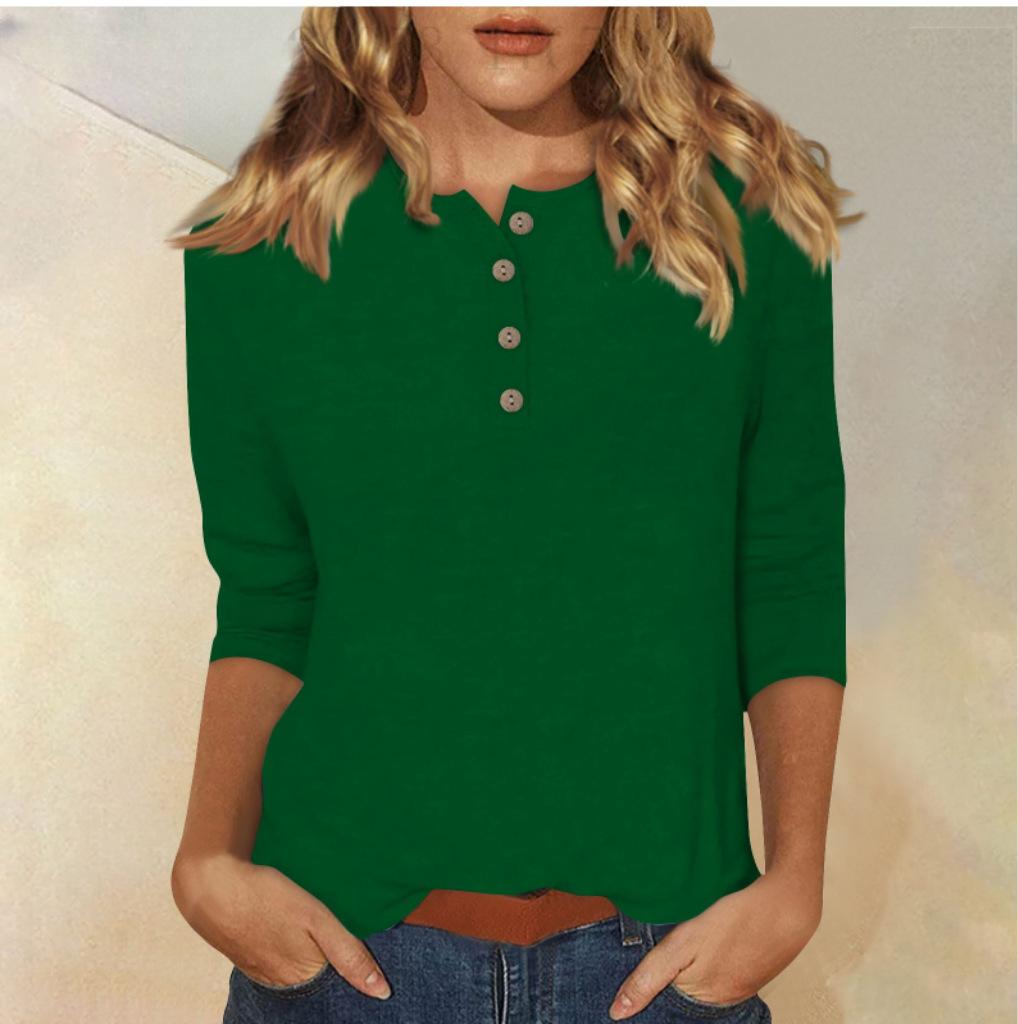 

Women s Fashion Casual Seven-quarter Sleeve Solid Color Button Crew Neck T-Shirt Top 3XL темно-зелений колір