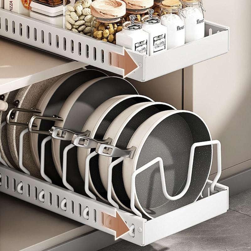 Adjustable Kitchen Cabinet Storage Rack With Slide Out Shelves For Cookware Dishes Spices Metal Construction Tray