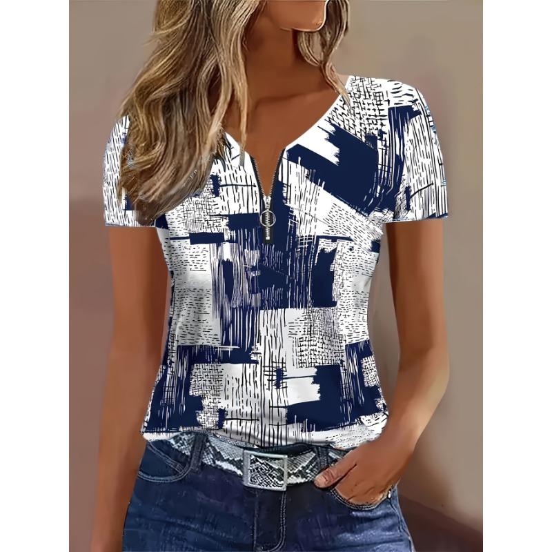 Elegant Women s Zipper Printed Short Sleeve T-Shirt XL