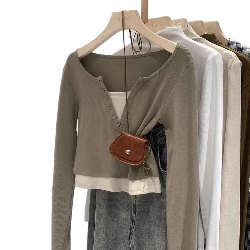 2025 Women's Spring/Autumn Color Block Two-Piece Look Long Sleeve T-Shirt with Chic Buttons