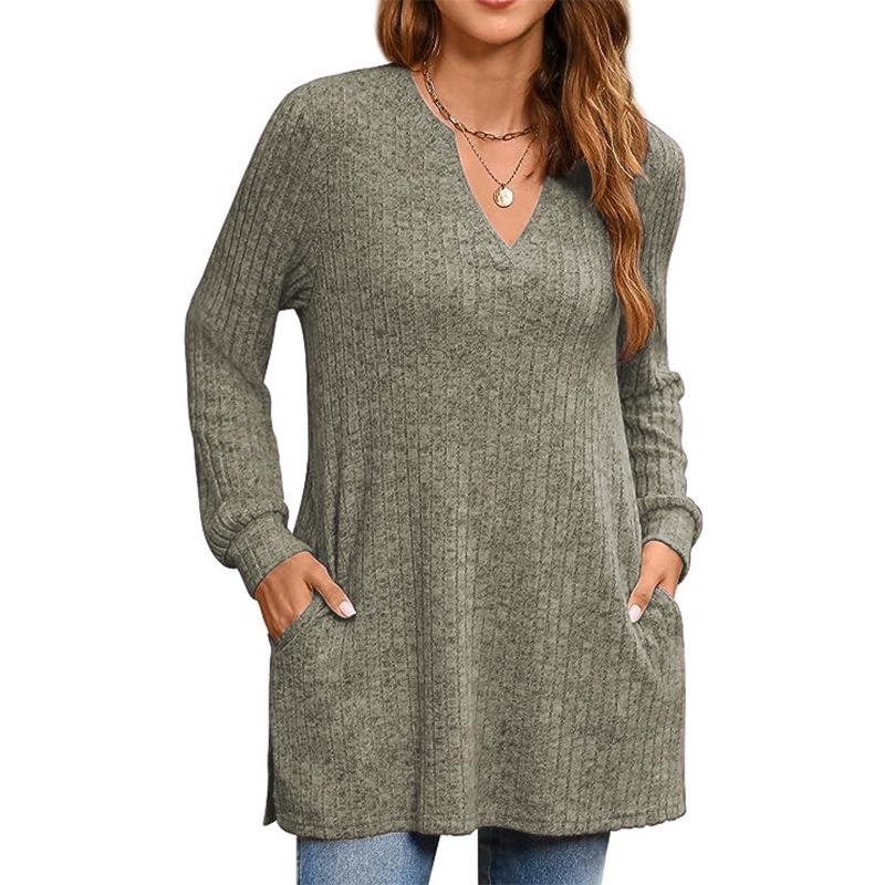 2025 Autumn/Winter Women's European Style Long Sleeve Loose Knit Top with Pockets