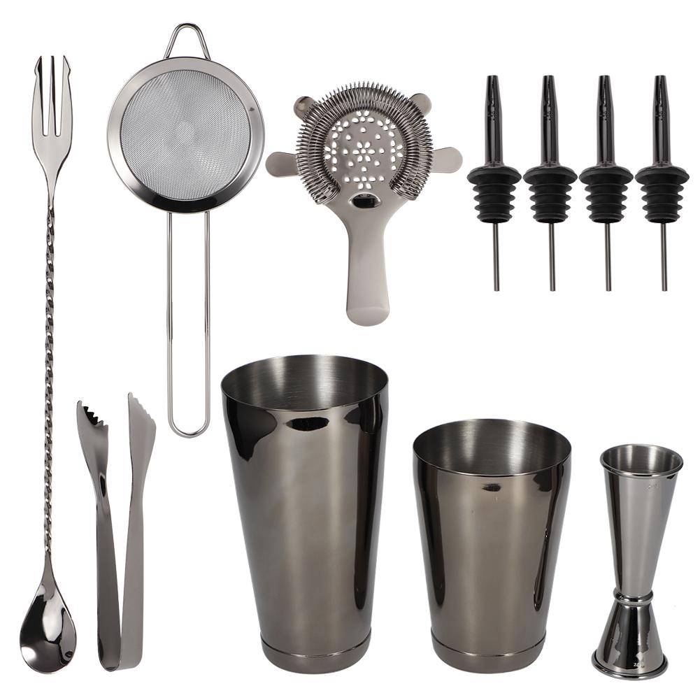 11-teiliges/Set Multifunktions-Cocktailshaker-Werkzeugset aus Edelstahl Bar Barkeeper Zubehör Schwarz