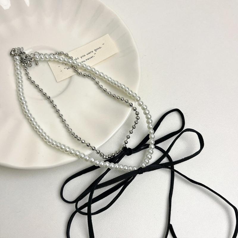 Vintage Bowknot Necklace Elegant Pearl Beaded Double Layer Choker Y2K Aesthetic Clavicle Chain Fashion Summer Neck Chain