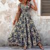 Retro Bedrukt Bloemen Lange Jurk Mode en Elegant V-hals Zomer Korte Mouw Slanke Taille A-lijn Maxi Jurk Dames Casual Boheme Zoet Vakantie Kleding