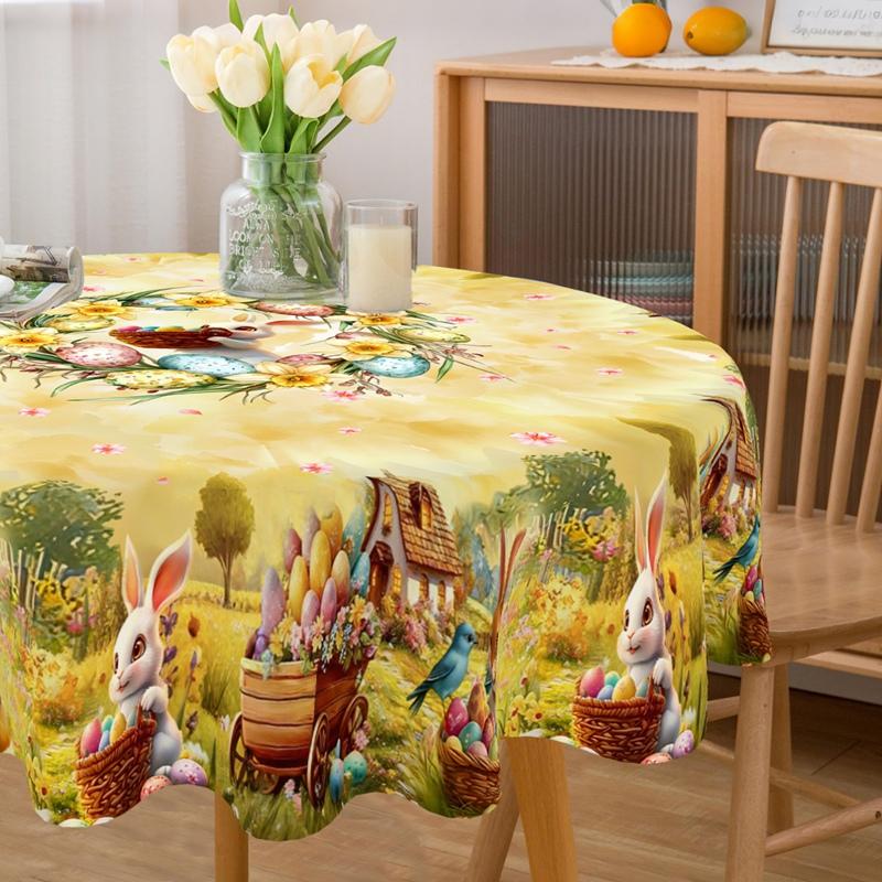 Rustic Easter Tablecloth Bunny Eggs Table Cover Farmhouse Easter Decorations for Home Kitchen Dining Spring Garden Tablecloth