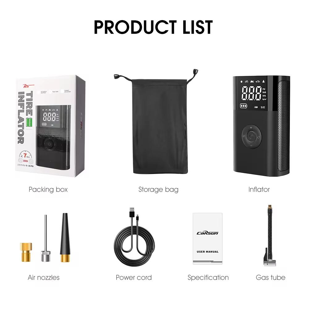 Carsun Portable Inflator Compressor Pump Cordless Electric Tire Pump Smart Digital Display with LED Light for Car Motorcycle Bicycle Tire Ball