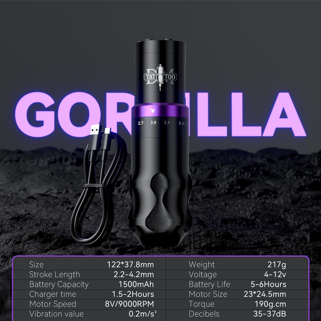 DM Gorilla Wireless Adjustable Stroke Tattoo Machine Coreless Brushless Motor 1500mAh Large Capacity Battery Permanent Makeup