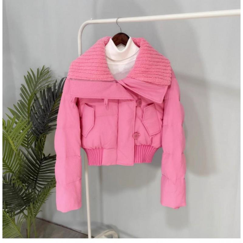 2026 Winter Womens Short Puffer Coat With Faux Shearling Collar Thick Warm Cotton-Padded Outerwear Loose Fit