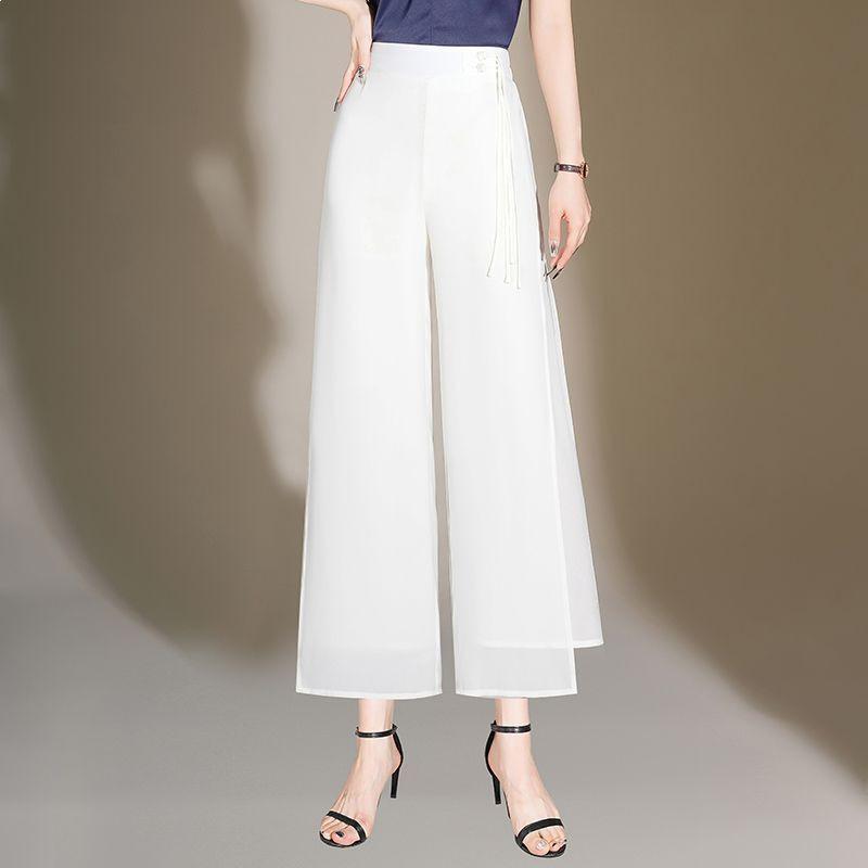 Plus Size Women's Chiffon Wide-Leg Trousers - Summer Lightweight, Elastic Waist, Casual Loose Fit 2026