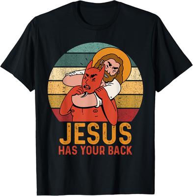 Jesus Has Your Back Fighting Devil Graphic T-Shirt Men's Casual Cotton Short Sleeve Top