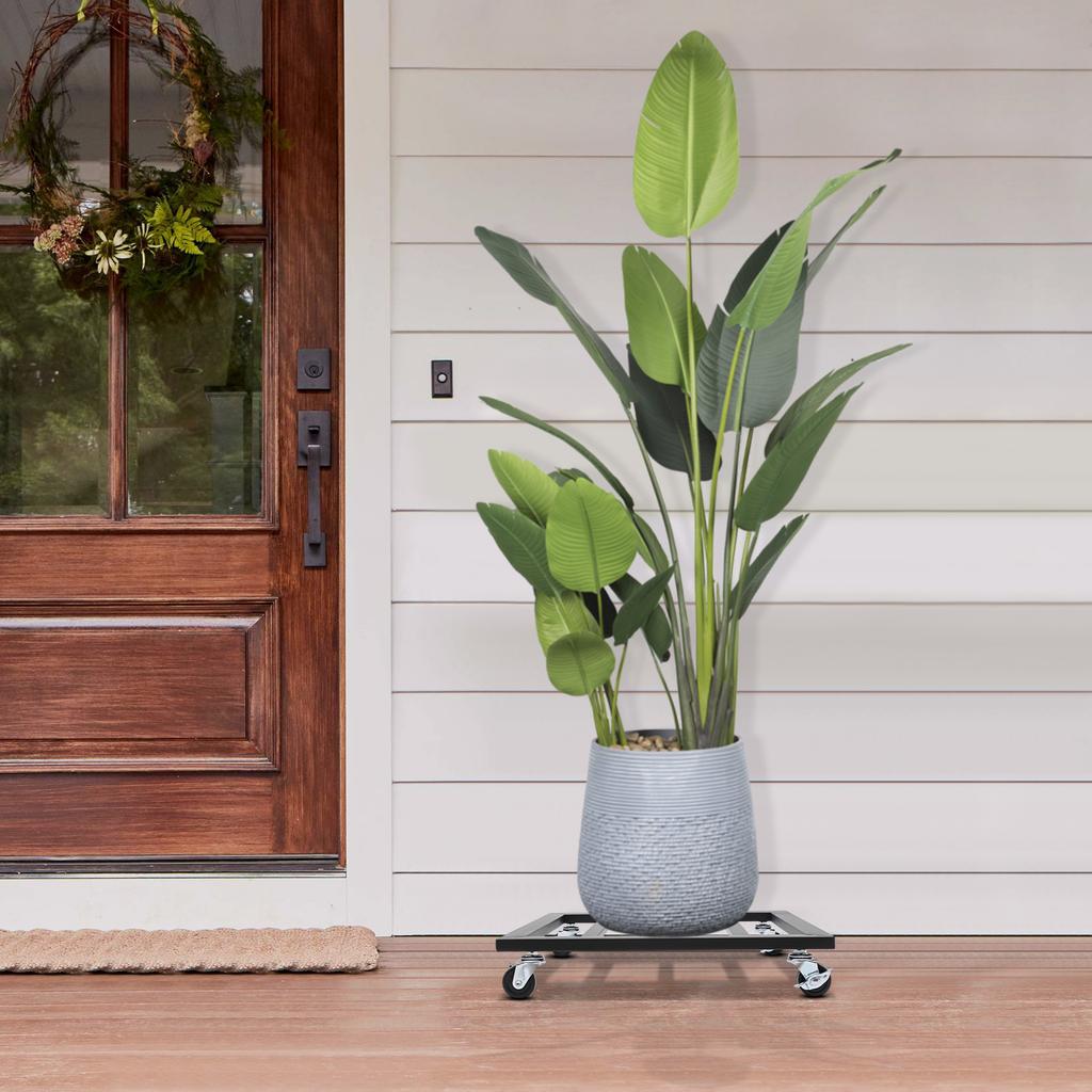 16x16 Inch Plant Stand with Wheels - Black Rolling Flower Pot Tray Holder | Modern Iron Plant Caddy | Durable Plant Tray Rack