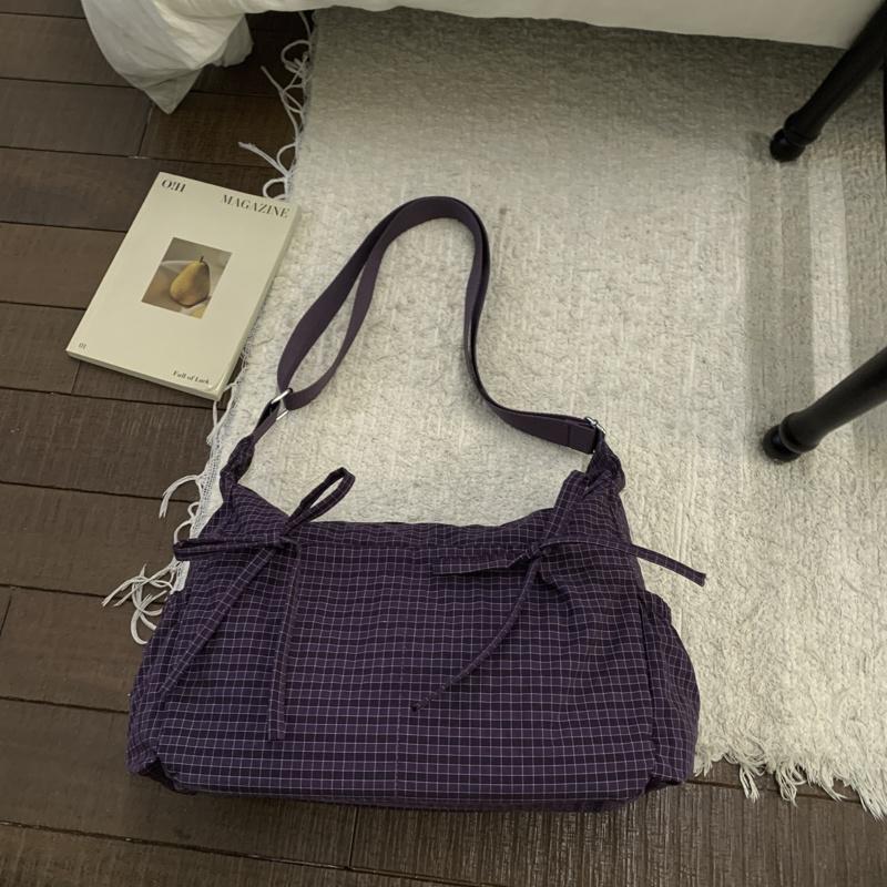 Xykk01 Women's Purple Korean-Style Plaid Lazy Shoulder Bag New Pleated Single Shoulder Tote Bag Adjustable Shoulder Strap Crossbody Bag Pleated Design