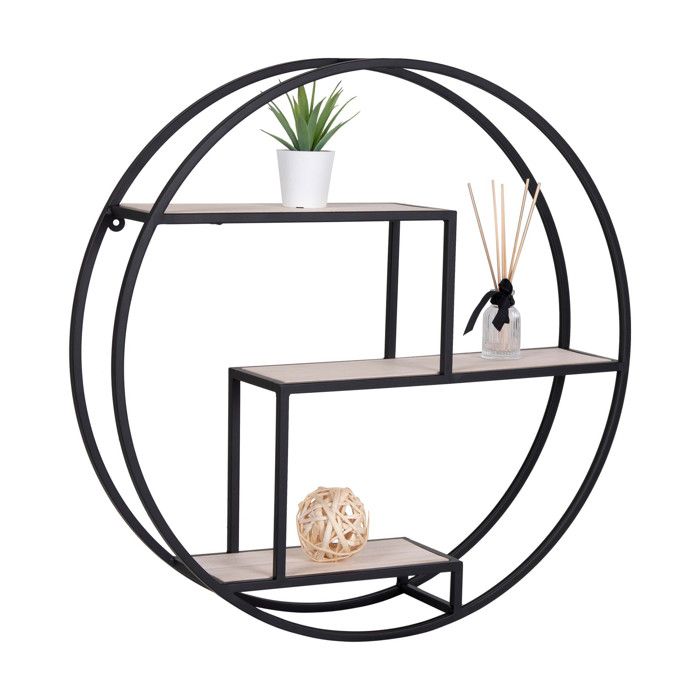 Regál Rotterdam Kulatý s černým rámem a přírodním dřevem