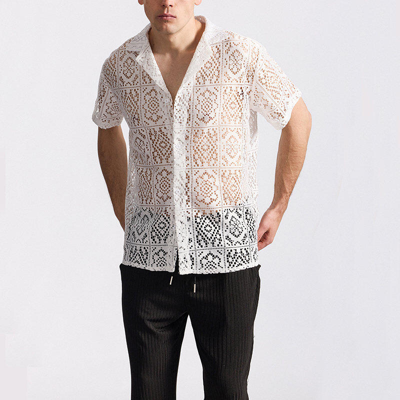 Men's Lace Short Sleeve Shirt Summer Casual Breathable Tops Fashionable Hundred Men's Tops