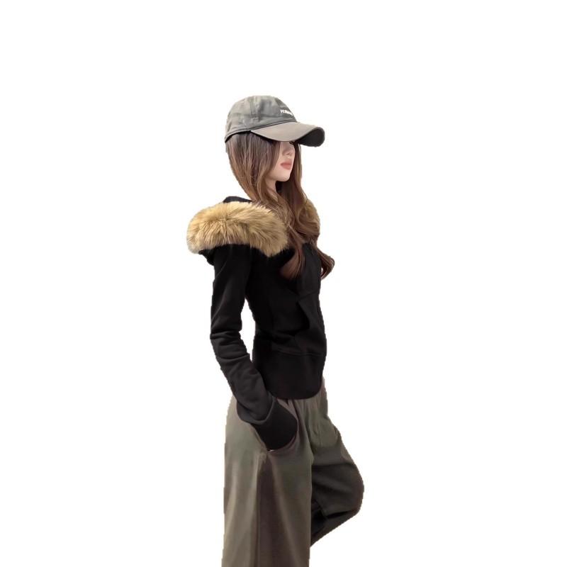 Womens Slim Fit Zip-Up Hoodie With Fur Collar Solid Color Casual Long Sleeve Top