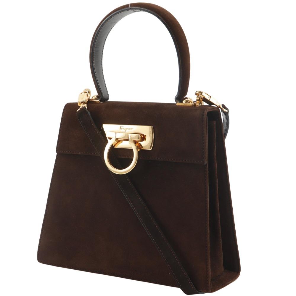 Salvatore Ferragamo Gancini Handbag 2WAYShoulder Brown Suede Women Used