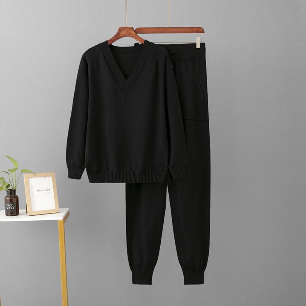 Women's Autumn Winter V Neck Sweater Two Piece Set Knitted Pants Suits Fashion Casual Pullover Tracksuits Outwear