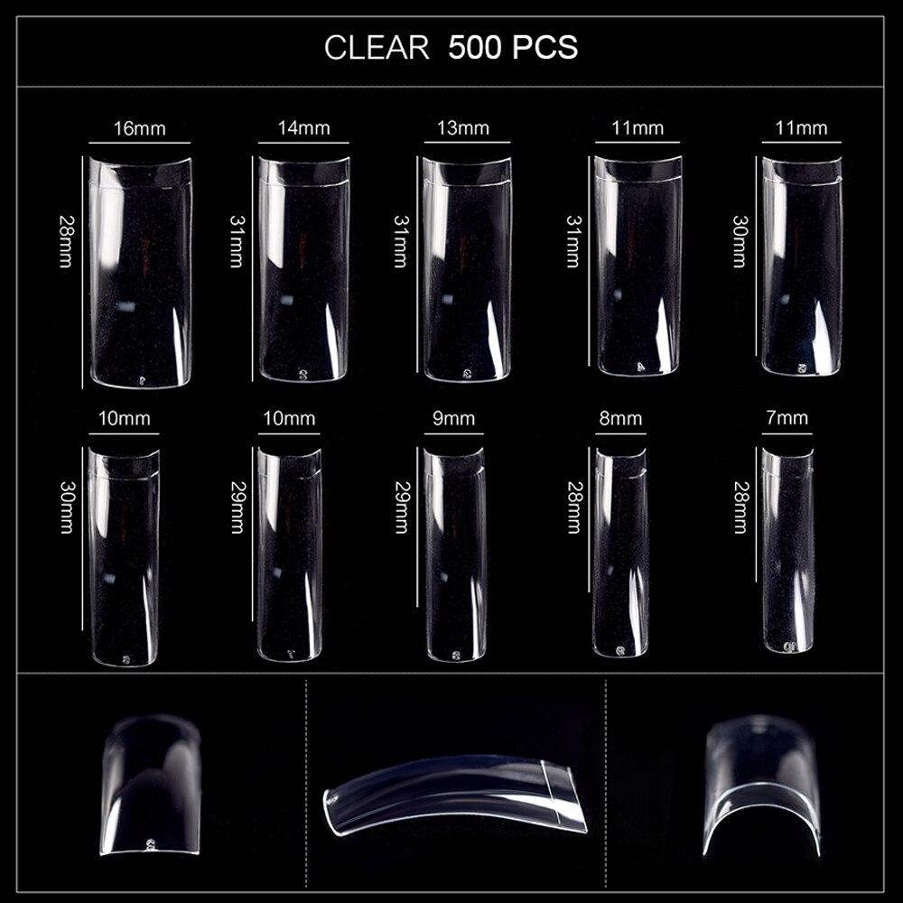 kads 500pcs Long Square Half Cover False Nail Tips No-Crease White Nature Clear 10 Sizes Nail Art Tools Manicure Fake Nails