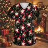 Women's Christmas Print V-Neck Short Sleeve Work Shirt with Pockets Caregiver Uniform Top