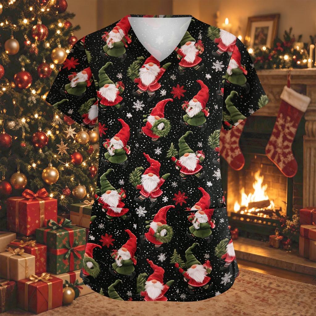 Women's Christmas Print V-Neck Short Sleeve Work Shirt with Pockets Caregiver Uniform Top