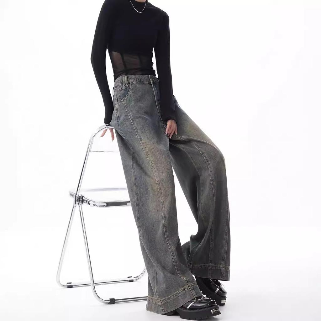 Spring and Autumn American Retro Washed Wide-leg Jeans Women's High-waist Mopping Pants Straight Pants