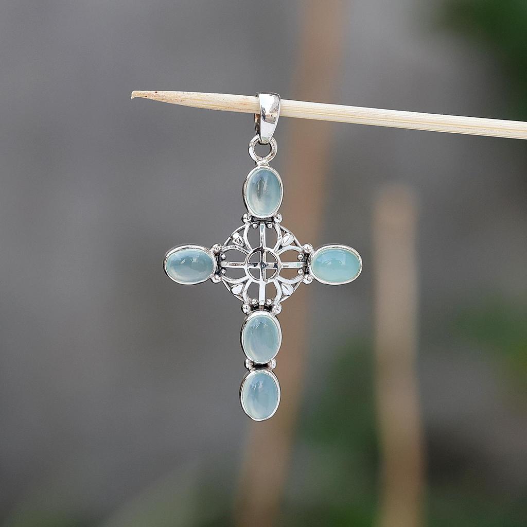 Aquamarine Gemstone Cross Pendant 100% 925 Sterling Silver Handmade Jewelry