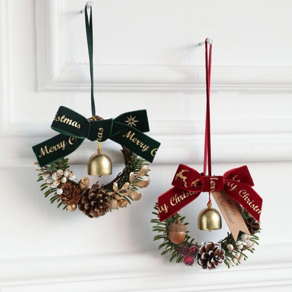 Red Christmas Velvet Bow Bell Wreath Green Christmas Chime Bell Festive Metal Pine Cone Bell Pendant Christmas Tree Decorations