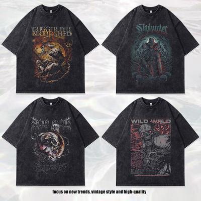 High Street Trendy Brand Vintage Skull Print Men'S T-Shirt Small Neckline Loose Wash Old Short Sleeves